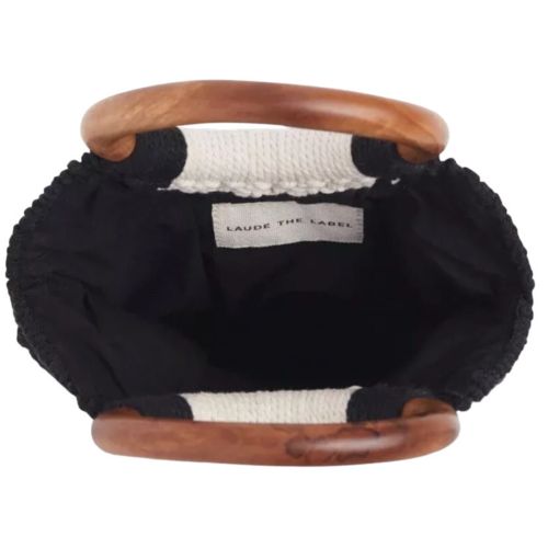 Laude The Label The Gabby Macrame Hand Bag Purse Black And Cream Wooden Handles — image 3 of 5